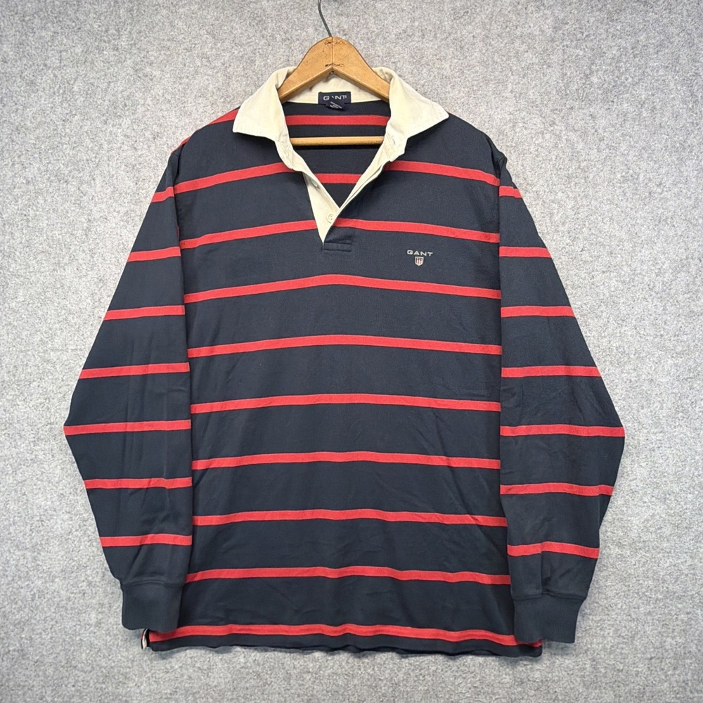 Gant Rugby Polo Shirt Long Sleeve Black Red Striped Mens Size Medium